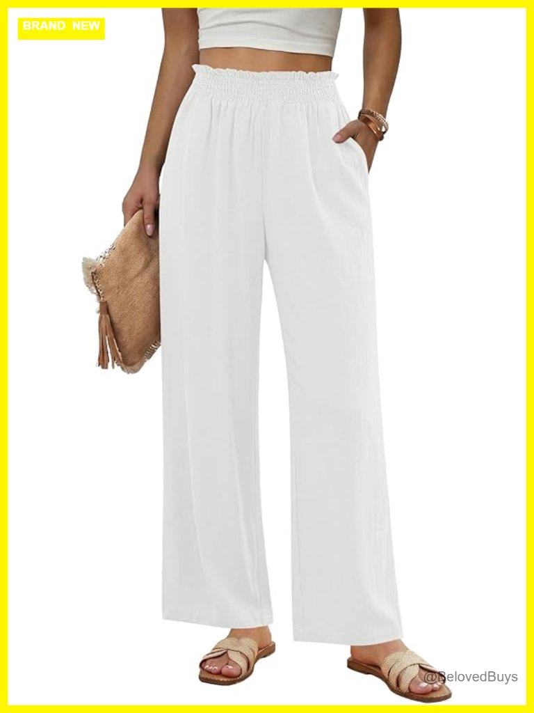 Wide Leg High Waisted Linen Pants Pull On Elastic Waist Beach Palazzo